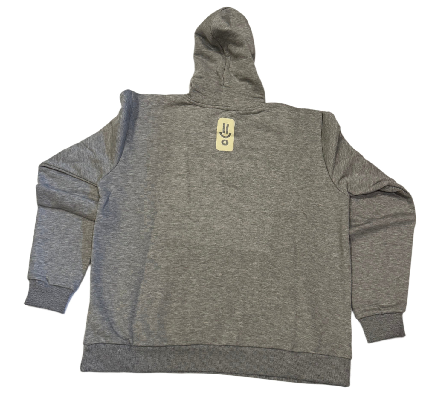 Gray hoodie with a logo on the back, laid flat on a white surface.