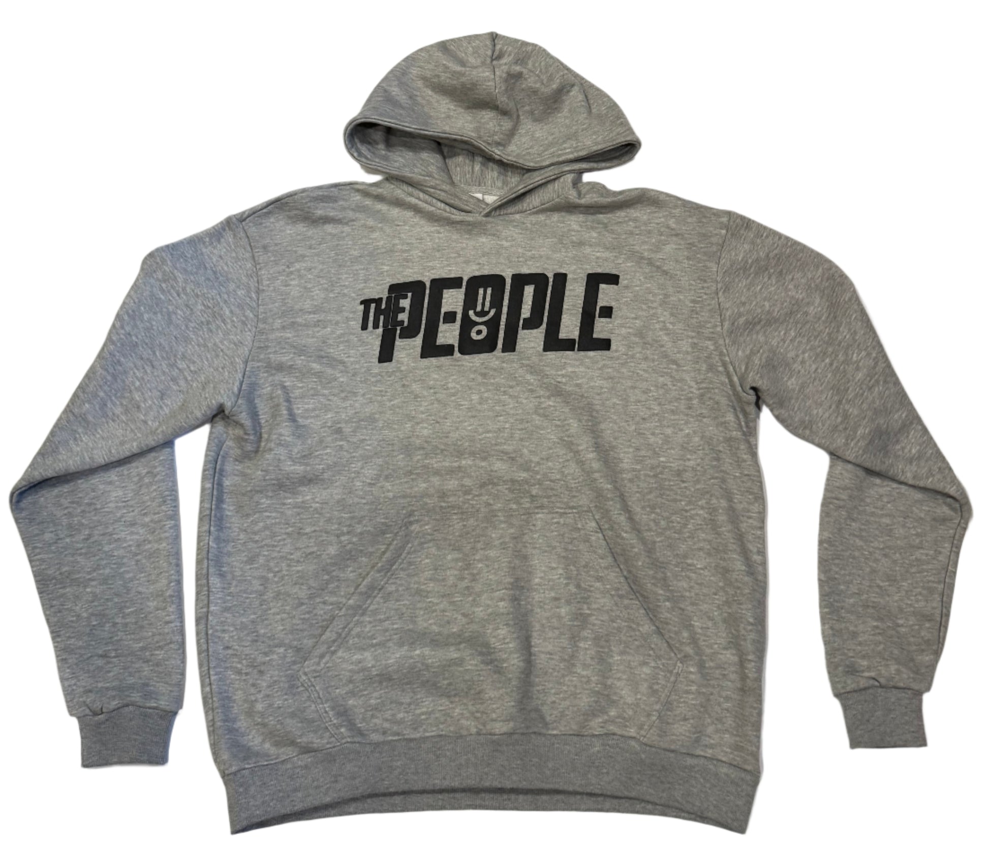Gray hoodie with 'The People' text on a white surface