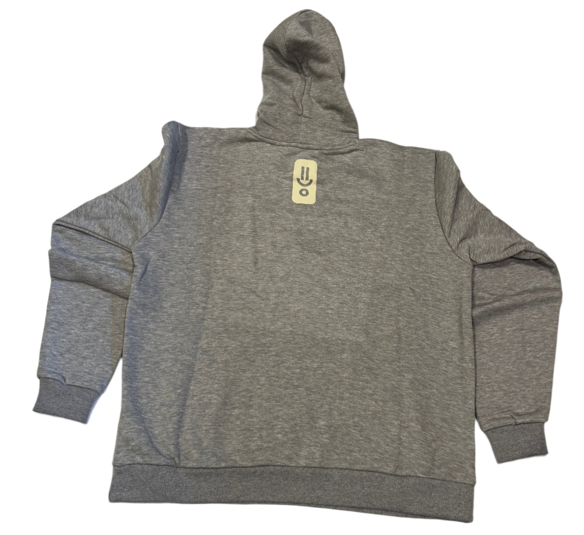 Gray hoodie with a logo on the back, laid flat on a white surface.